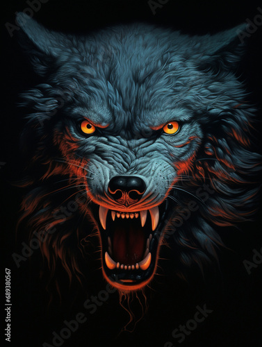 an angry wolf with yellow eyes, in the style of dark silver and dark orange created with Generative Ai