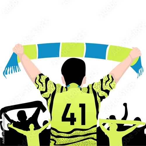turquoise green jersey supporting vector player holding sales flag in support team hand, flat design.