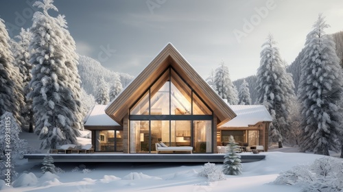 a cedar wooden house nestled in the mountains amidst a winter forest, highlighting the synergy between the natural surroundings and the architectural elegance of the house.