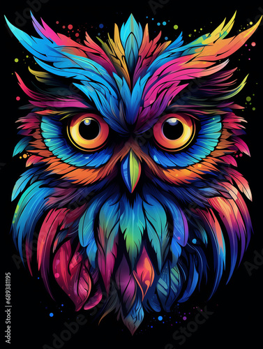 a colorful owl with big eyes on black background, in the style of otherworldly illustrations created with Generative Ai © Andrii Yablonskyi