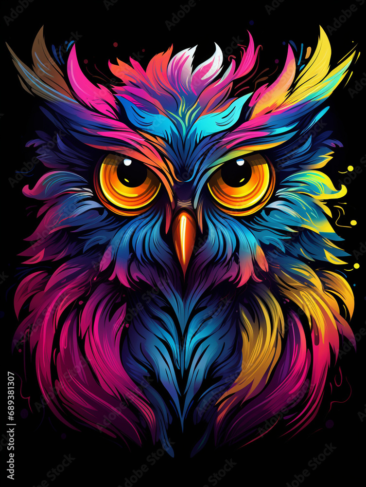 a colorful owl with big eyes on black background, in the style of otherworldly illustrations created with Generative Ai a colorful owl with big eyes on black background, in the style of otherworldly illustrations created with Generative Ai