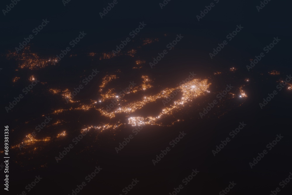 Aerial shot on Bay Area (California, USA) at night, view from west. Imitation of satellite view on modern city with street lights and glow effect. 3d render