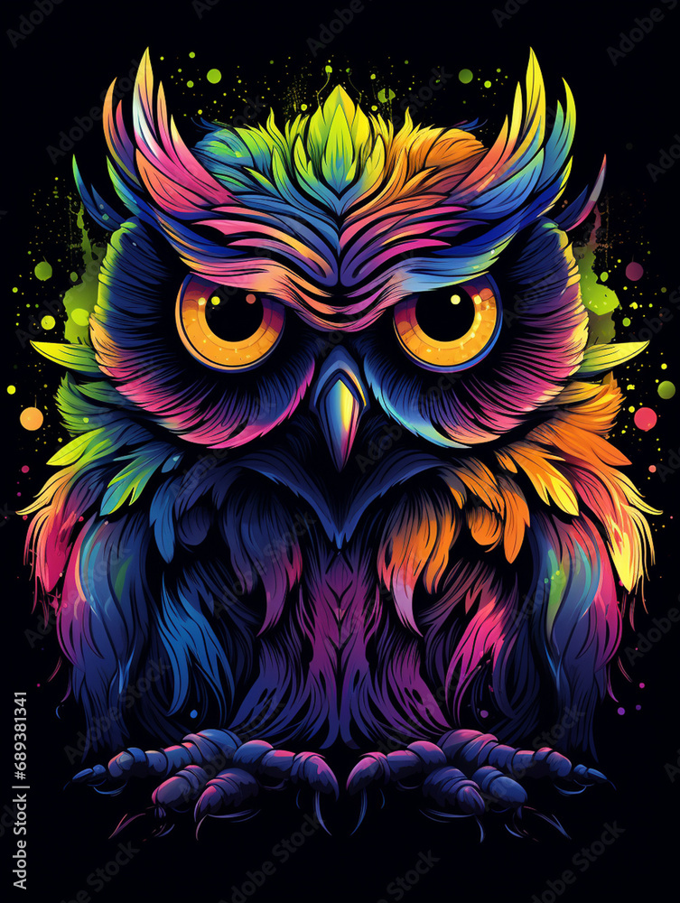 a colorful owl with big eyes on black background, in the style of otherworldly illustrations created with Generative Ai a colorful owl with big eyes on black background, in the style of otherworldly illustrations created with Generative Ai