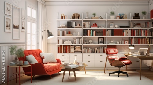 A cozy study room with white walls, red bookshelves filled with books, a comfortable white armchair paired with a red ottoman, and a red desk lamp. photo