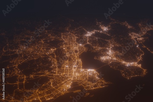 Aerial shot on Shenzhen (China) at night, view from west. Imitation of satellite view on modern city with street lights and glow effect. 3d render photo
