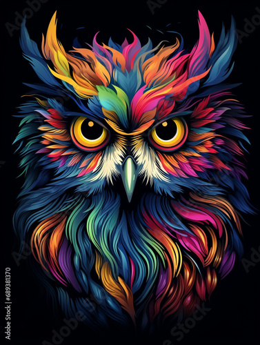 a colorful owl with big eyes on black background, in the style of otherworldly illustrations created with Generative Ai © Andrii Yablonskyi