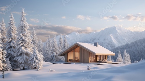 a cedar wooden house nestled in the mountains amidst a winter forest, highlighting the synergy between the natural surroundings and the architectural elegance of the house.