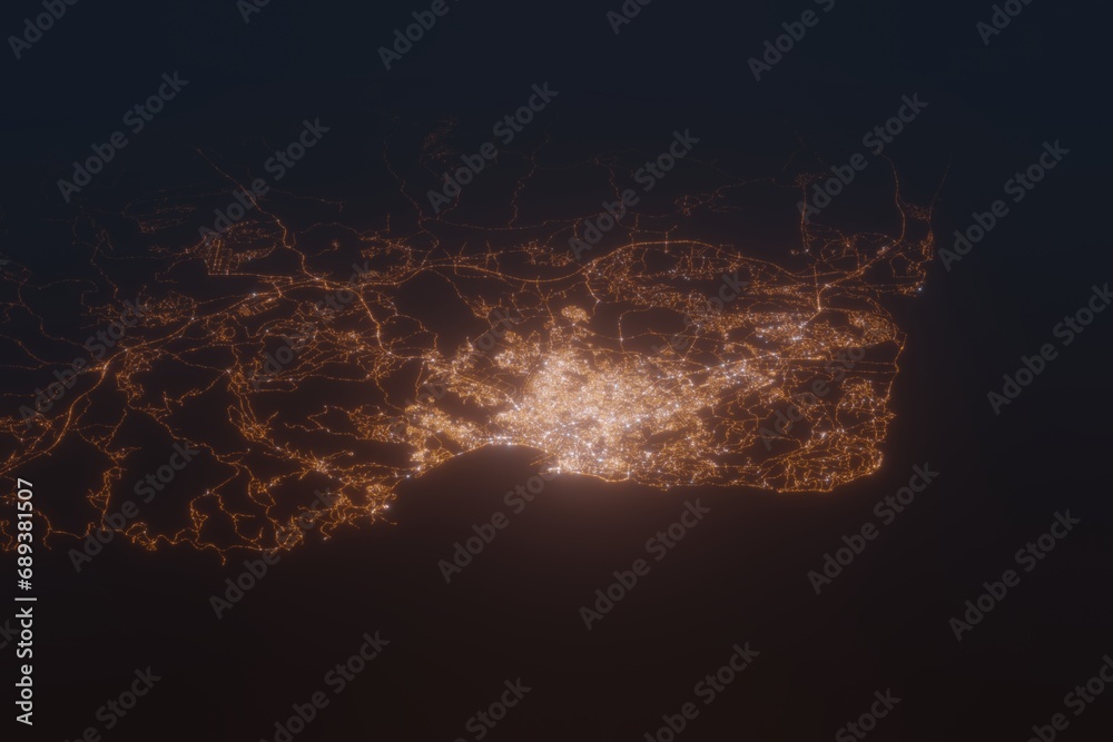 Aerial shot of Tangier (Morocco) at night, view from north. Imitation of satellite view on modern city with street lights and glow effect. 3d render