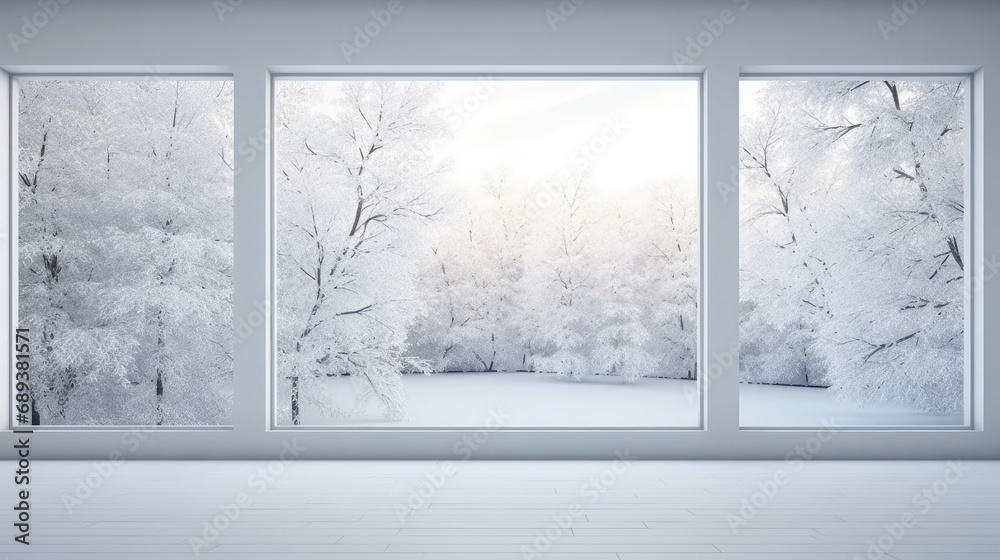 view through large windows, revealing a serene winter landscape with snow-covered trees, a minimalist, modern style, emphasizing the simplicity and tranquility of the winter scene.