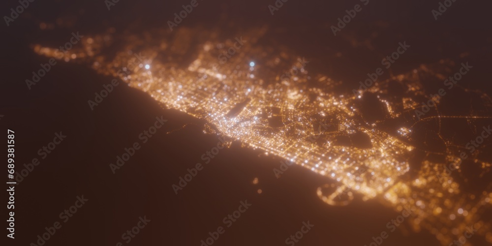 Street lights map of Dubai (UAE) with tilt-shift effect, view from west. Imitation of macro shot with blurred background. 3d render, selective focus