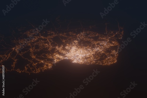 Aerial shot of Tangier (Morocco) at night, view from north. Imitation of satellite view on modern city with street lights and glow effect. 3d render photo