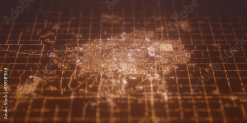 Street lights map of Sioux Falls (South Dakota, USA) with tilt-shift effect, view from north. Imitation of macro shot with blurred background. 3d render, selective focus photo