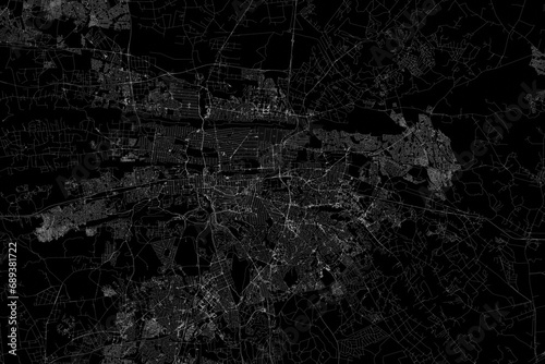 Stylized map of the streets of Pretoria (South Africa) made with white lines on black background. Top view. 3d render, illustration