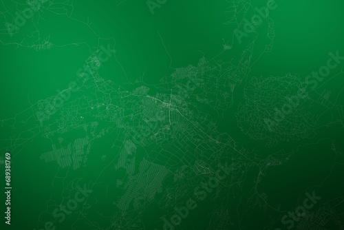Map of the streets of Jelalabad (Afghanistan) made with white lines on abstract green background lit by two lights. Top view. 3d render, illustration