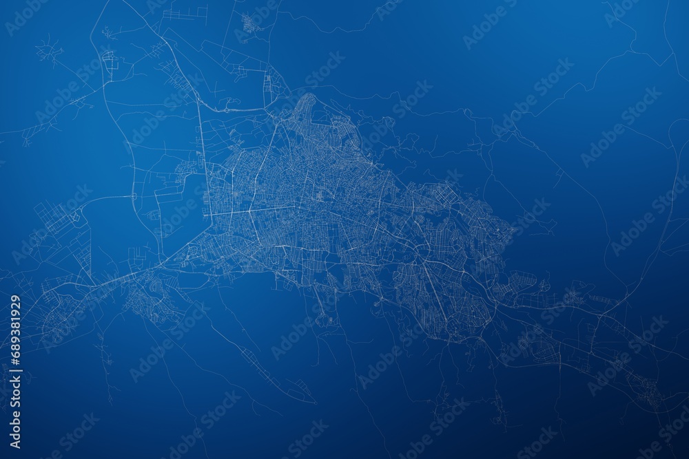 Stylized map of the streets of Tabriz (Iran) made with white lines on abstract blue background lit by two lights. Top view. 3d render, illustration - obrazy, fototapety, plakaty 