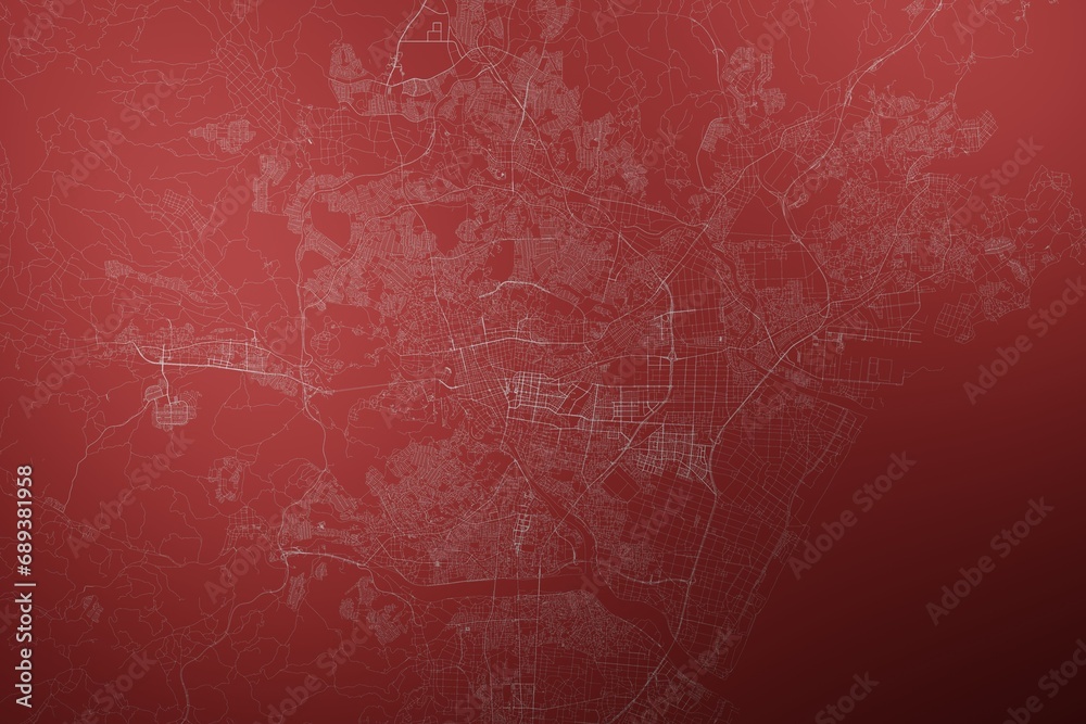 Map of the streets of Sendai (Japan) made with white lines on abstract red background lit by two lights. Top view. 3d render, illustration - obrazy, fototapety, plakaty 