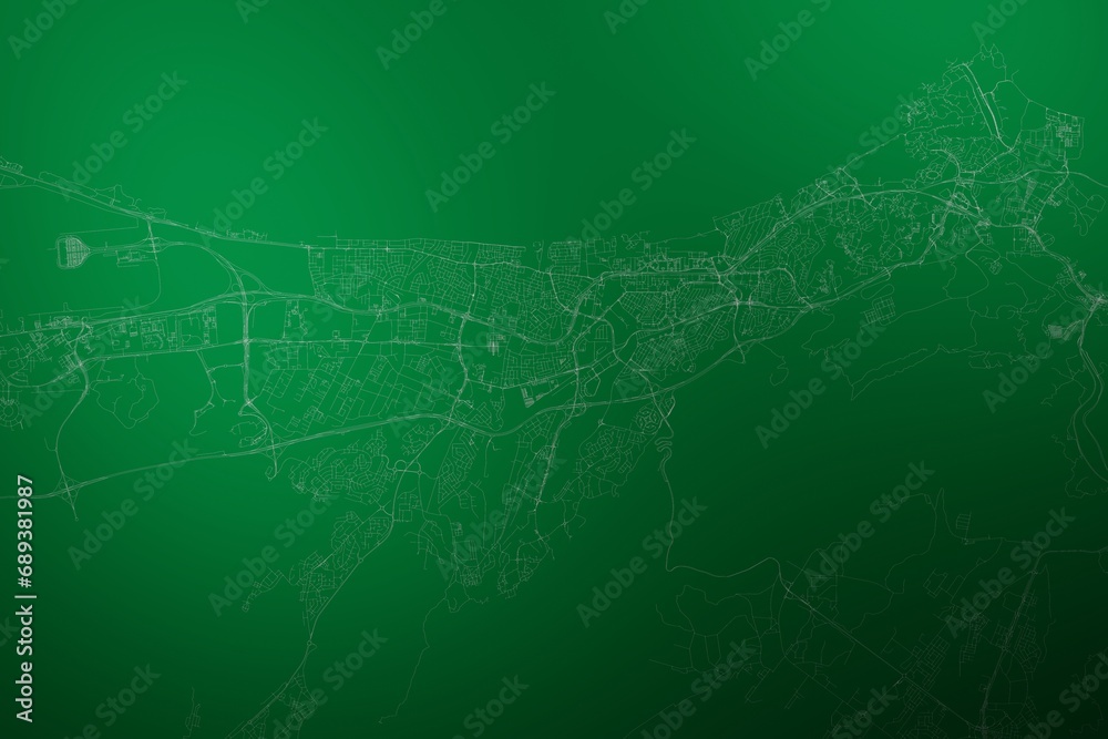 Map of the streets of Mascat (Oman) made with white lines on abstract green background lit by two lights. Top view. 3d render, illustration - obrazy, fototapety, plakaty 