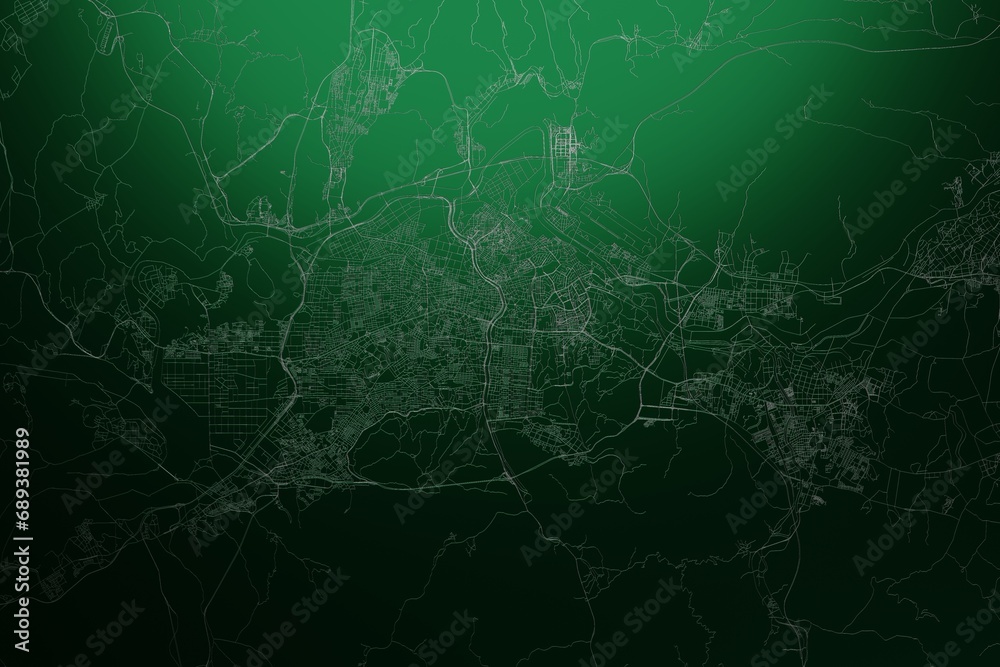 Street map of Daegu (South Korea) engraved on green metal background. Light is coming from top. 3d render, illustration - obrazy, fototapety, plakaty 