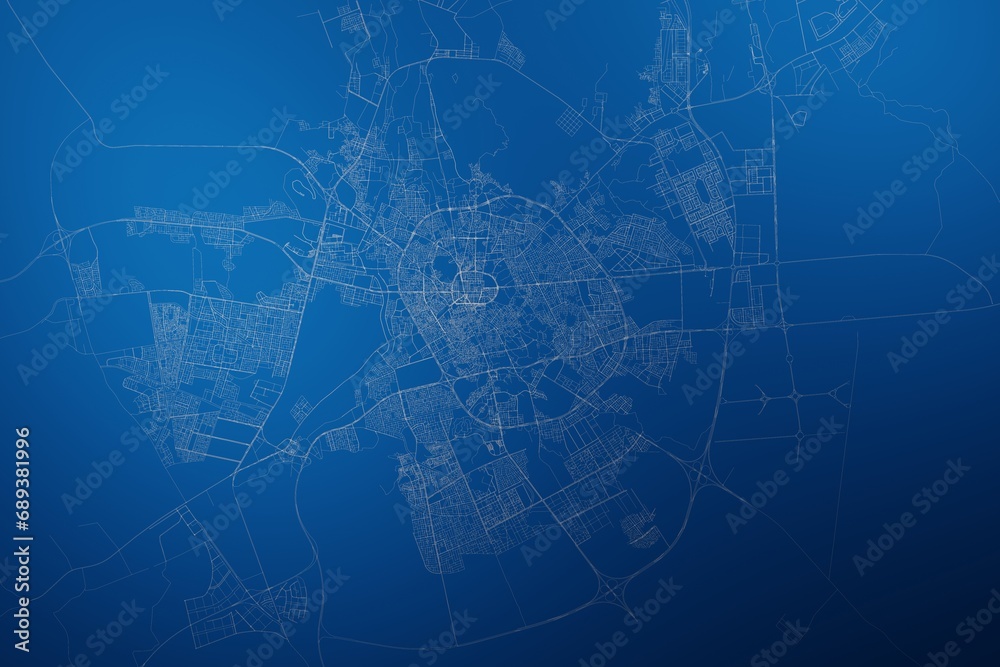 Stylized map of the streets of Medina (Saudi Arabia) made with white lines on abstract blue background lit by two lights. Top view. 3d render, illustration - obrazy, fototapety, plakaty 