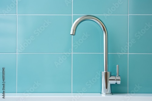 Faucet and sink in a blue bathroom, closeup white tiles. Lack of water, shutdown. water supply. Stylish kitchen renovation. Order. Sink