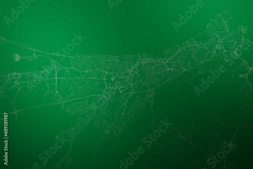 Map of the streets of Mascat (Oman) made with white lines on abstract green background lit by two lights. Top view. 3d render, illustration photo