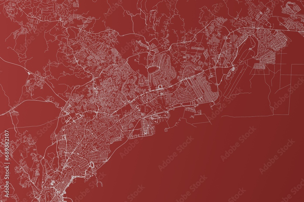 Obraz premium Map of the streets of Panama made with white lines on red background. Top view. 3d render, illustration