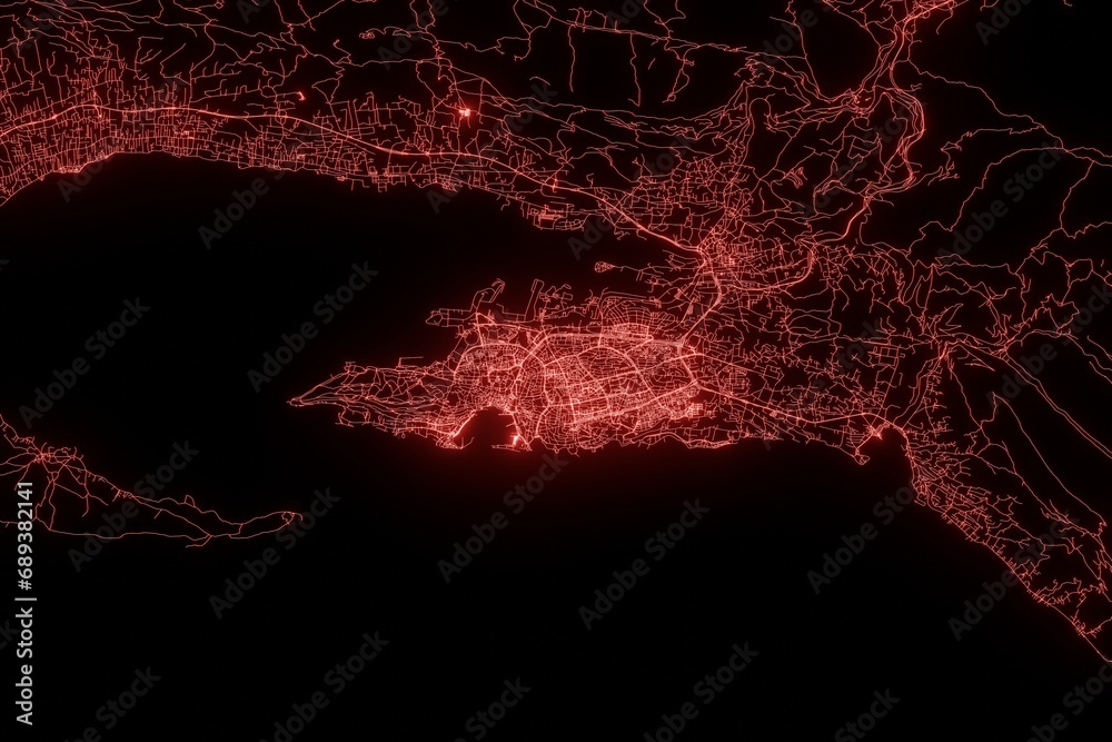 Street map of Split (Croatia) made with red illumination and glow effect. Top view on roads network. 3d render, illustration - obrazy, fototapety, plakaty 