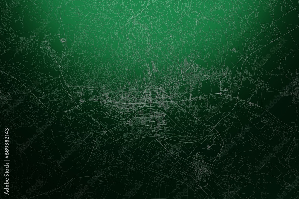 Street map of Zagreb (Croatia) engraved on green metal background. Light is coming from top. 3d render, illustration - obrazy, fototapety, plakaty 