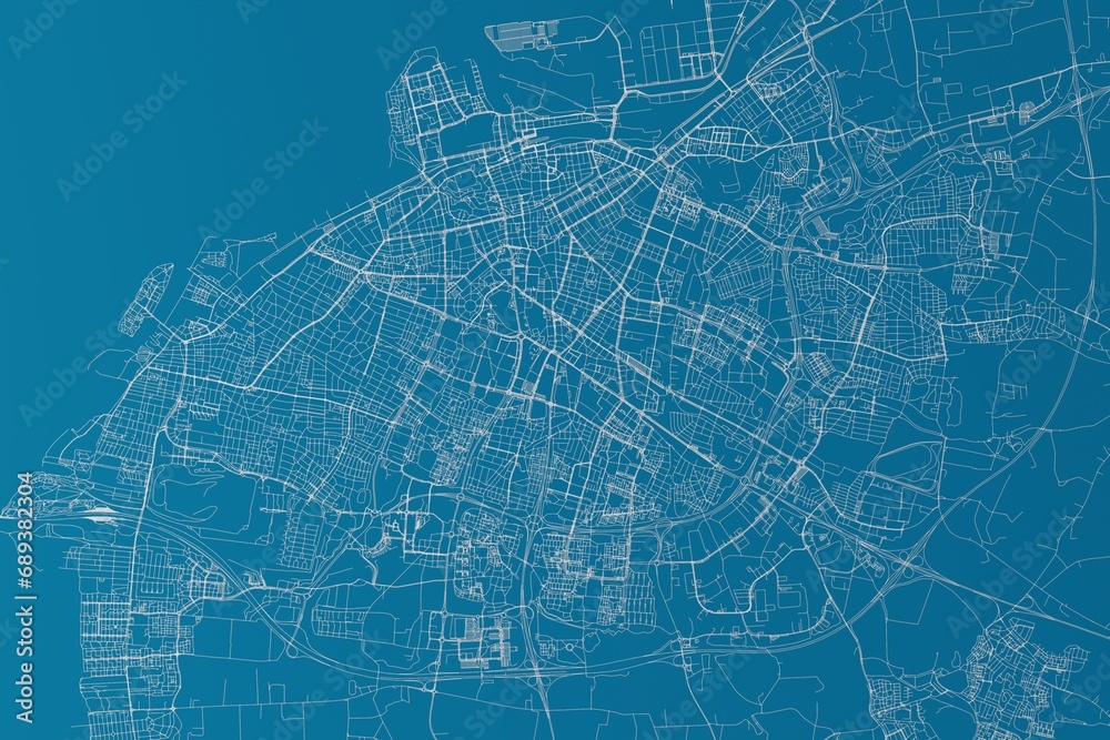 Map of the streets of Malmo (Sweden) made with white lines on blue background. 3d render, illustration