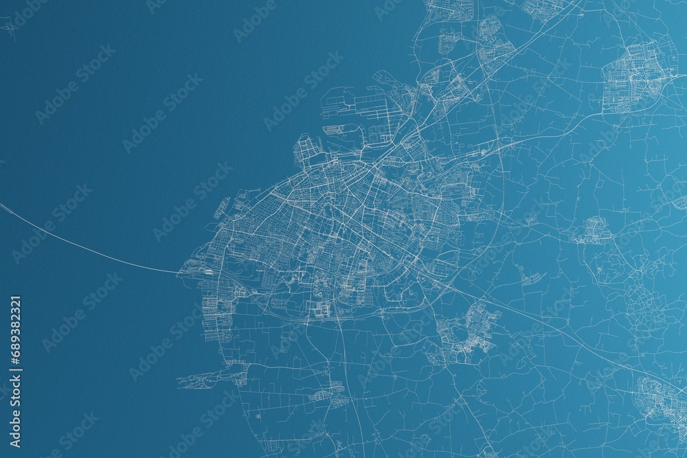 Map of the streets of Malmo (Sweden) made with white lines on blue paper. Rough background. 3d render, illustration