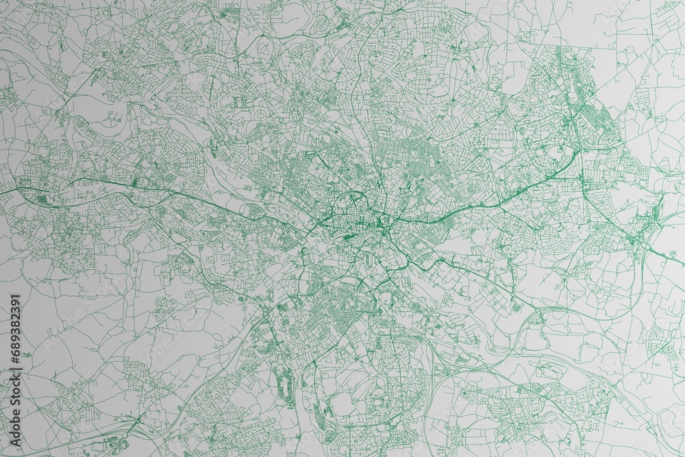 Map of the streets of Leeds (UK) made with green lines on white paper. 3d render, illustration