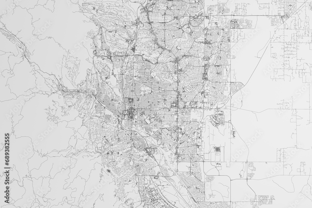 Map of the streets of Colorado Springs (Colorado, USA) on white background. 3d render, illustration