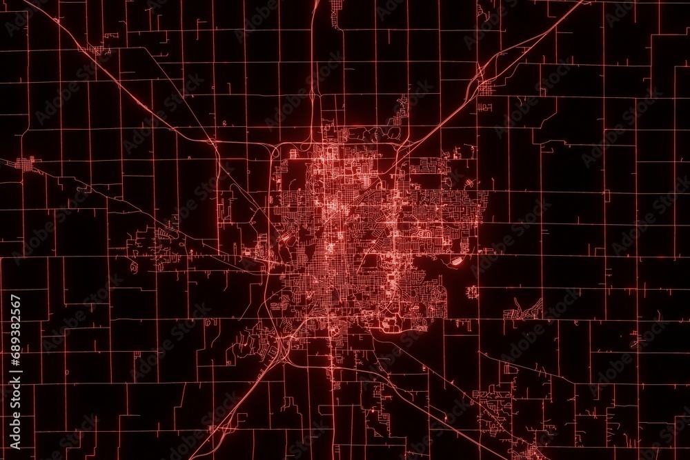 Street map of Bloomington (Illinois, USA) made with red illumination and glow effect. Top view on roads network. 3d render, illustration - obrazy, fototapety, plakaty 