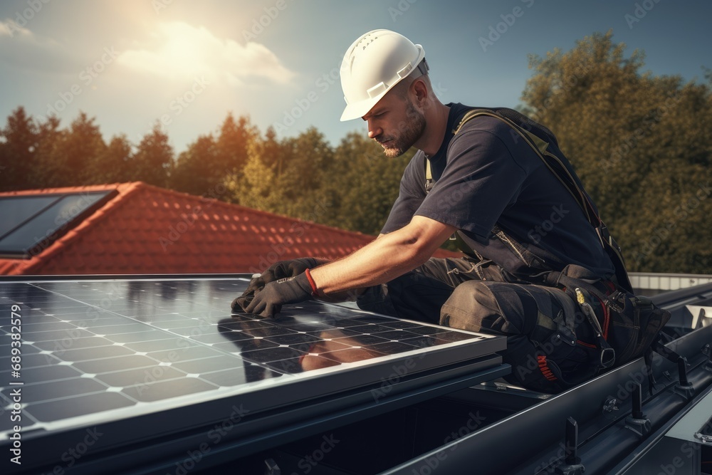 Professional worker installing solar panels on the roof of a house 
