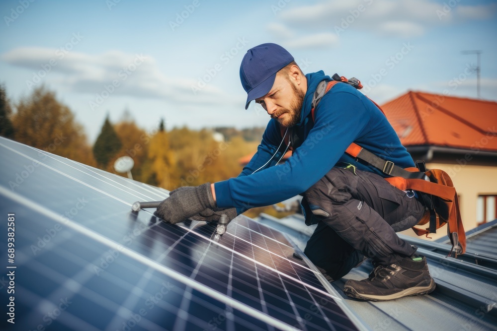 Professional worker installing solar panels on the roof of a house Professional worker installing solar panels on the roof of a house