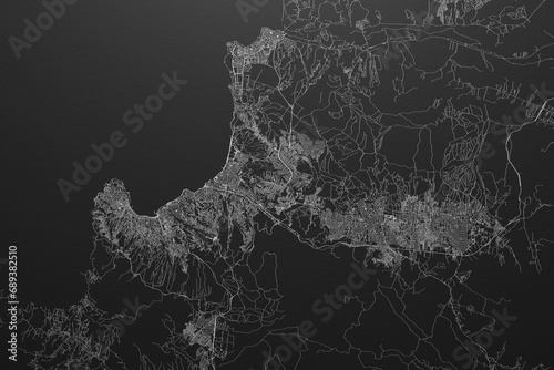 Street map of Vina del Mar (Chile) on black paper with light coming from top photo