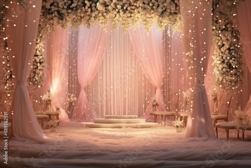 A dreamy stage embellished with fairy lights, sheer fabric, and pastel-hued decorations, radiating a romantic atmosphere.