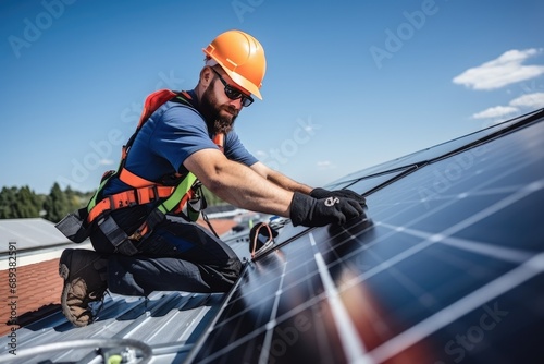 Professional worker installing solar panels on the roof of a house 