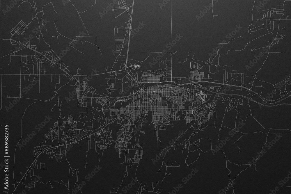 Street map of Casper (Wyoming, USA) on black paper with light coming from top