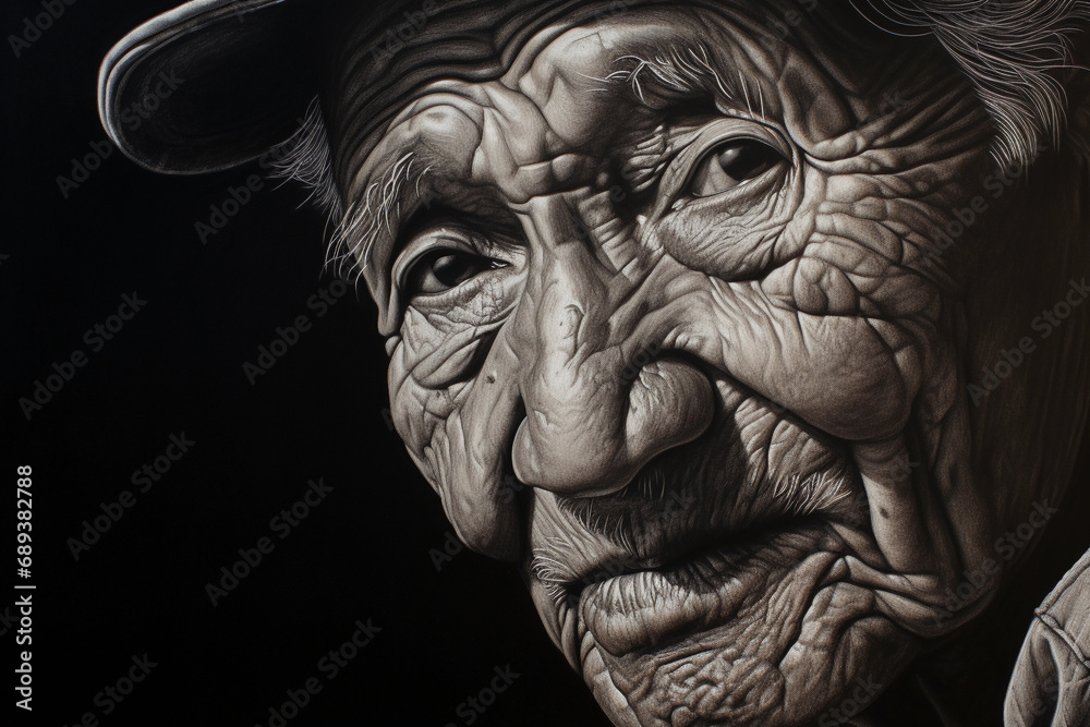 pencil sketch of an elderly man, deep-set eyes, detailed wrinkles, expressive gaze