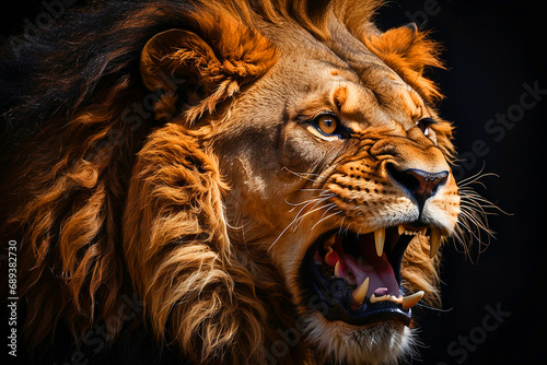 Ai generated, Lion king face angry roaring wild animal photography illustration.