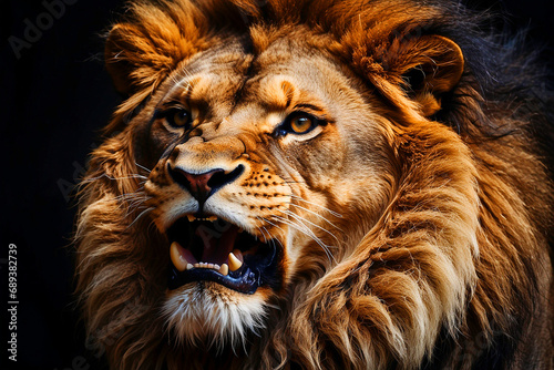 Ai generated  Lion king face angry roaring wild animal photography illustration.
