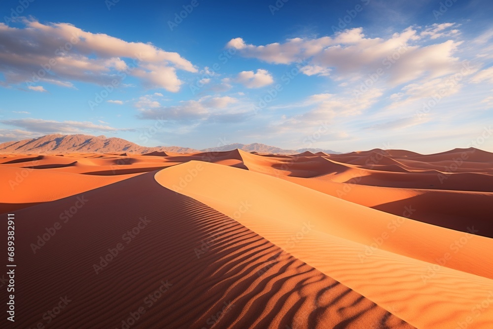 A vast desert expanse at midday, with the sun high in the sky, casting deep shadows on the undulating sand dunes
