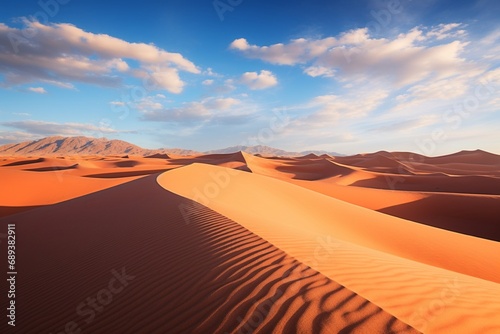 A vast desert expanse at midday, with the sun high in the sky, casting deep shadows on the undulating sand dunes