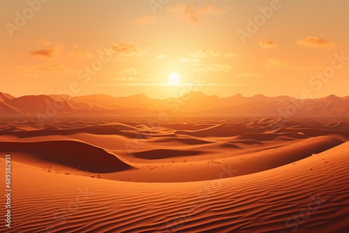 A vast  empty desert landscape at high noon  with the sun beating down on the undulating sand dunes