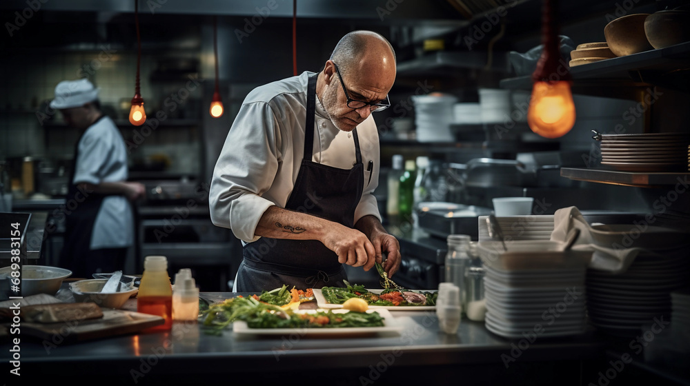 Renowned chef in a bustling kitchen, concentration on a signature dish, vibrant ingredients Renowned chef in a bustling kitchen, concentration on a signature dish, vibrant ingredients