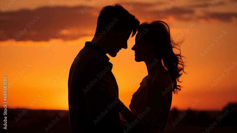 couple at sunset, golden hour lighting, silhouette against vivid sky