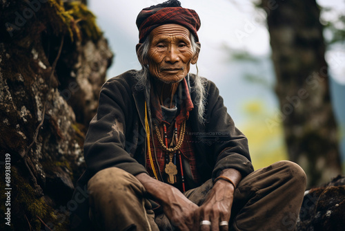 revered elder, wisdom in their eyes, sitting in a timeless landscape, natural light photo