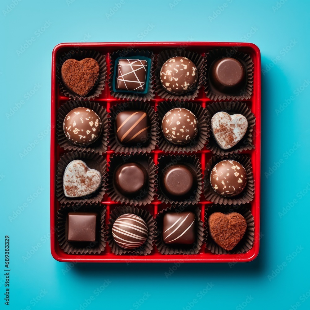 Chocolate candies in a red craft box on a bright coral background. Flat layout Chocolate candies in a red craft box on a bright coral background. Flat layout