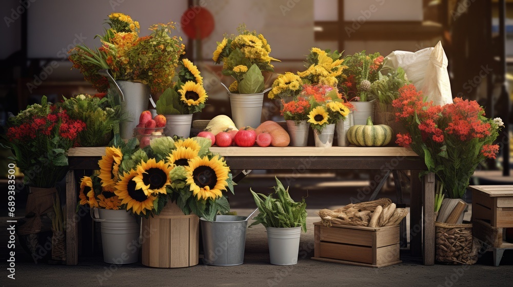 a Farmers Market stall filled with an assortment of vibrant flowers for sale, focusing on the natural beauty and simplicity of the floral arrangements.